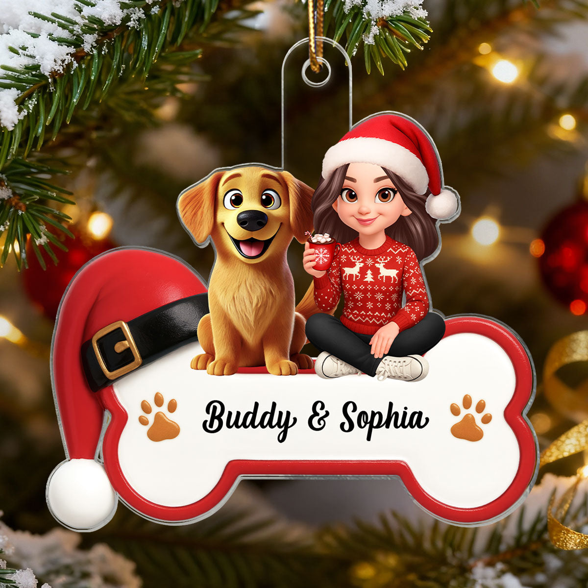 3D Effect Christmas Dog Bone Girl And Dog - Personalized Acrylic Ornament - Gift For Dog Lovers