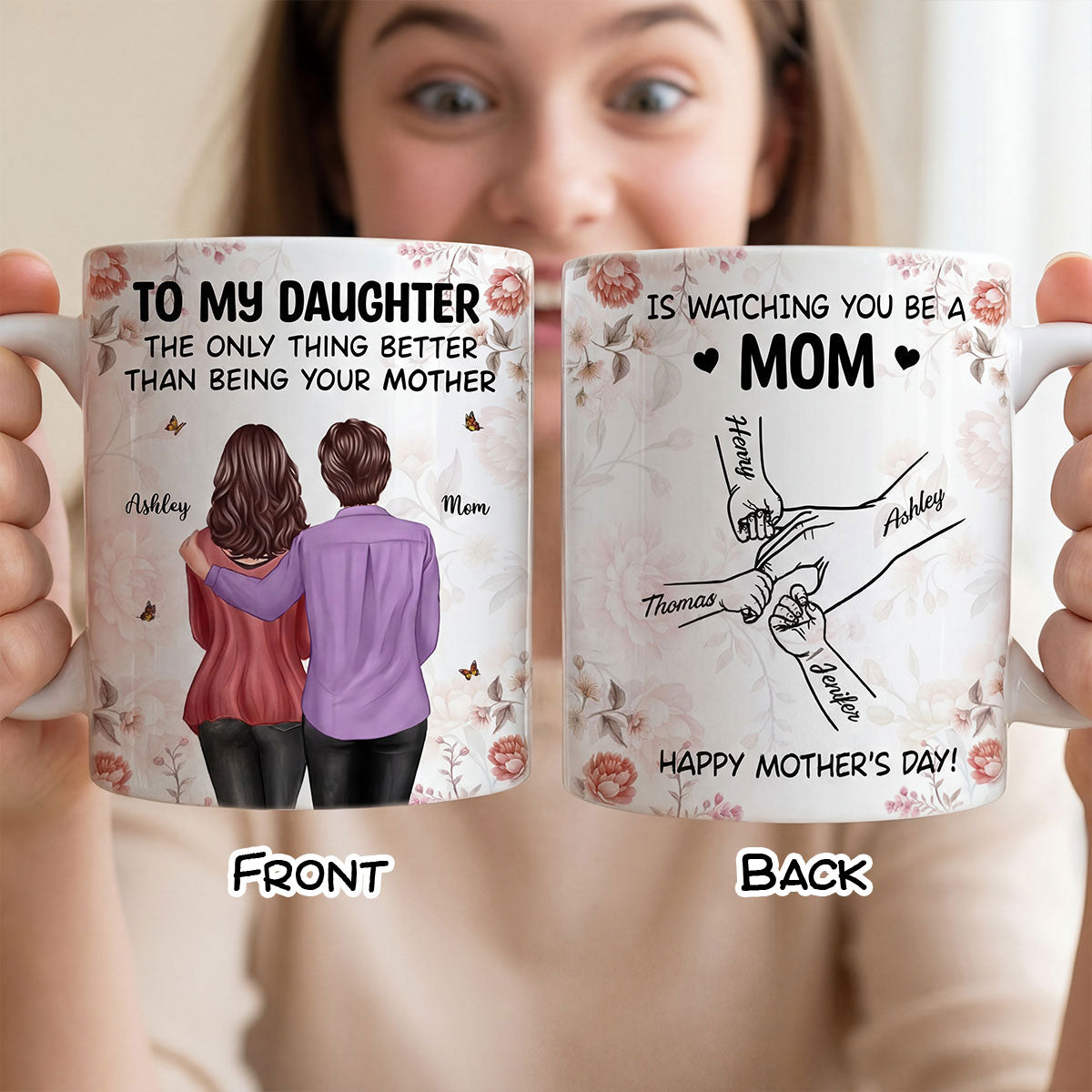 To My Daughter From Mom Hands Outline Floral Pink Tone - Personalized Mug - Mother's Day Gift For Daughter