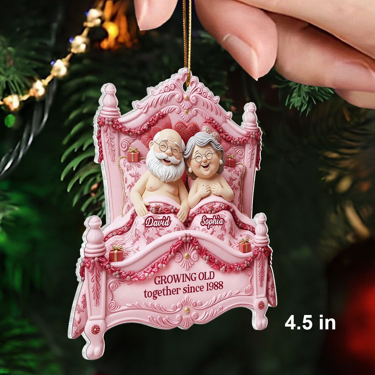 Growing Old Together Elderly Couple On Bed - Personalized Acrylic Ornament - Gift for Couple, for Her, for Him