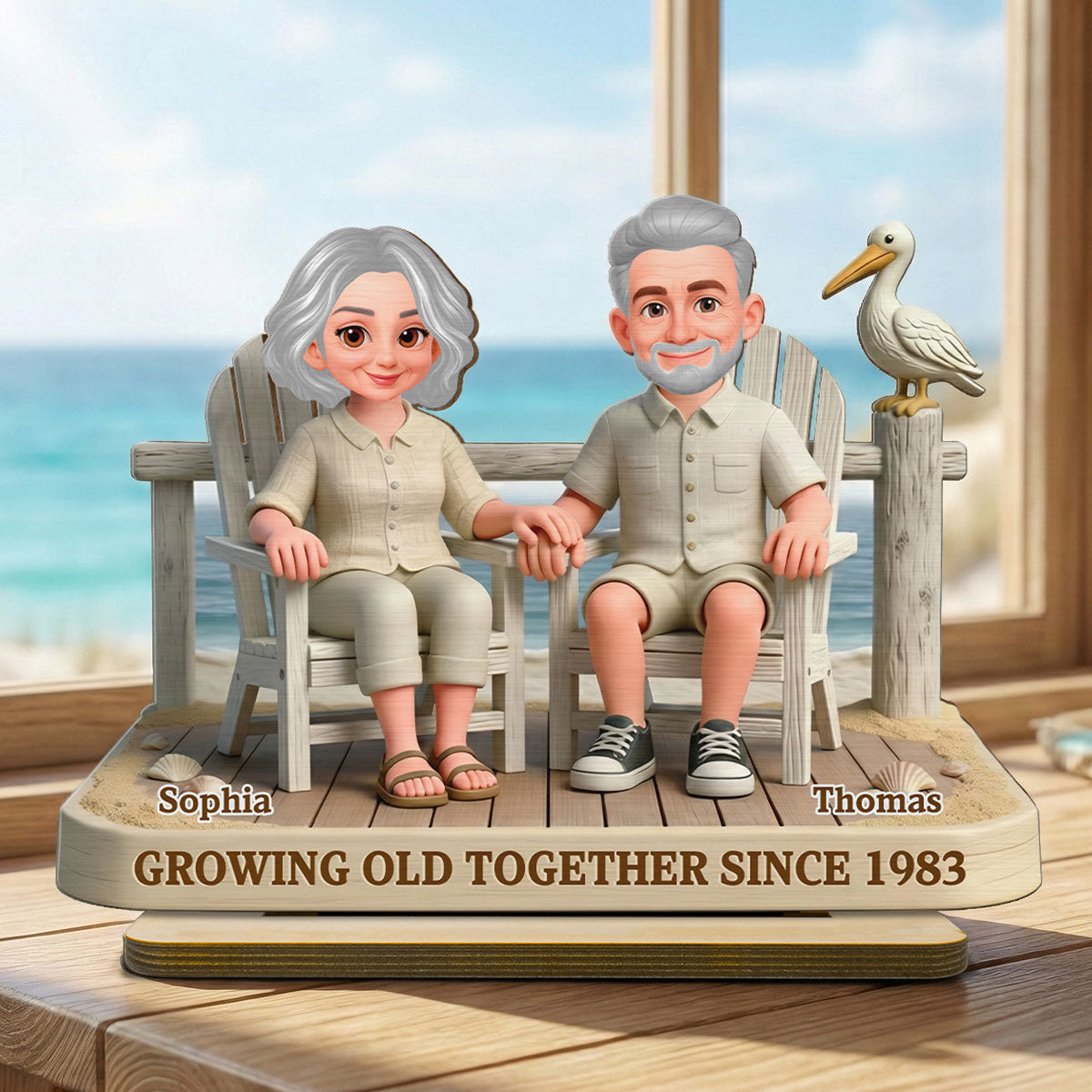 Eternal Love Couple On The Beach Growing Old Together - Personalized 2-Layer Wooden Plaque - Gift For Couple, Gift For Him, For Her