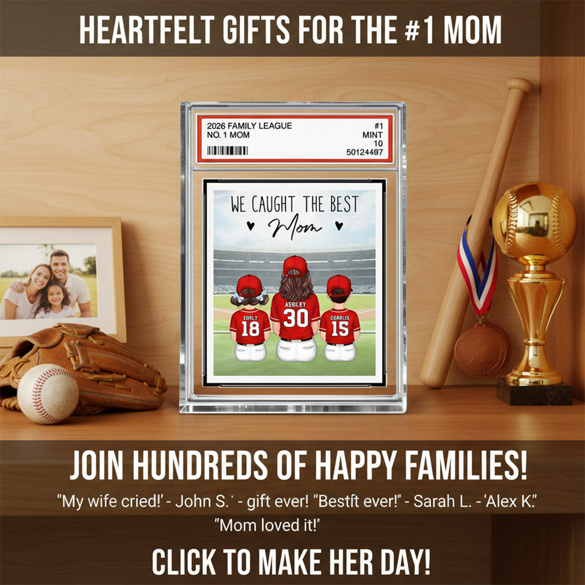 Baseball No. 1 Mom Woman & Kids Sitting Trading Card Style - Personalized Acrylic Block Plaque