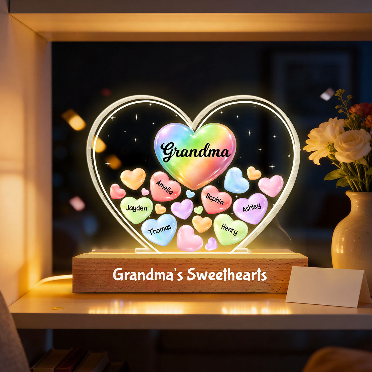 Grandma's Sweethearts In Heart - Personalized Acrylic Block Plaque LED Night Light - Gift For Grandma