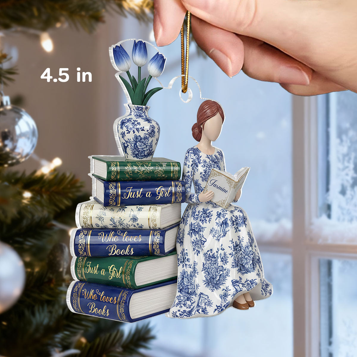 3D Effect Girl Reading Books Toile De Jouy Pattern - Personalized Acrylic Ornament - Christmas Gift For Book Lover, Bookworm