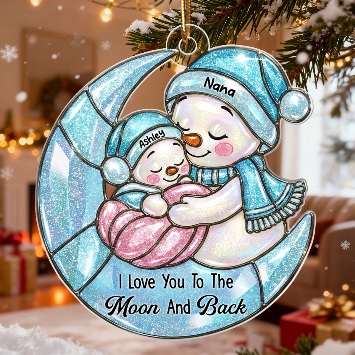 Grandma And Grandkid Moon Stained Glass Pattern - Personalized Acrylic Ornament - Heartwarming Christmas Gift For Grandma, Granddaughter, Grandson