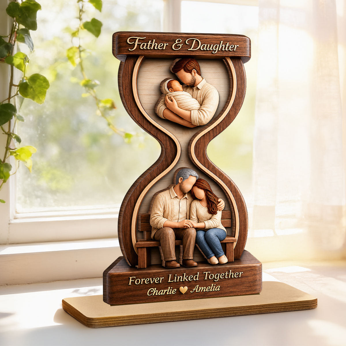 Father & Daughter Forever Linked Together - Personalized 2-Layered Wooden Plaque - Heartfelt Gift For Dad, Husband