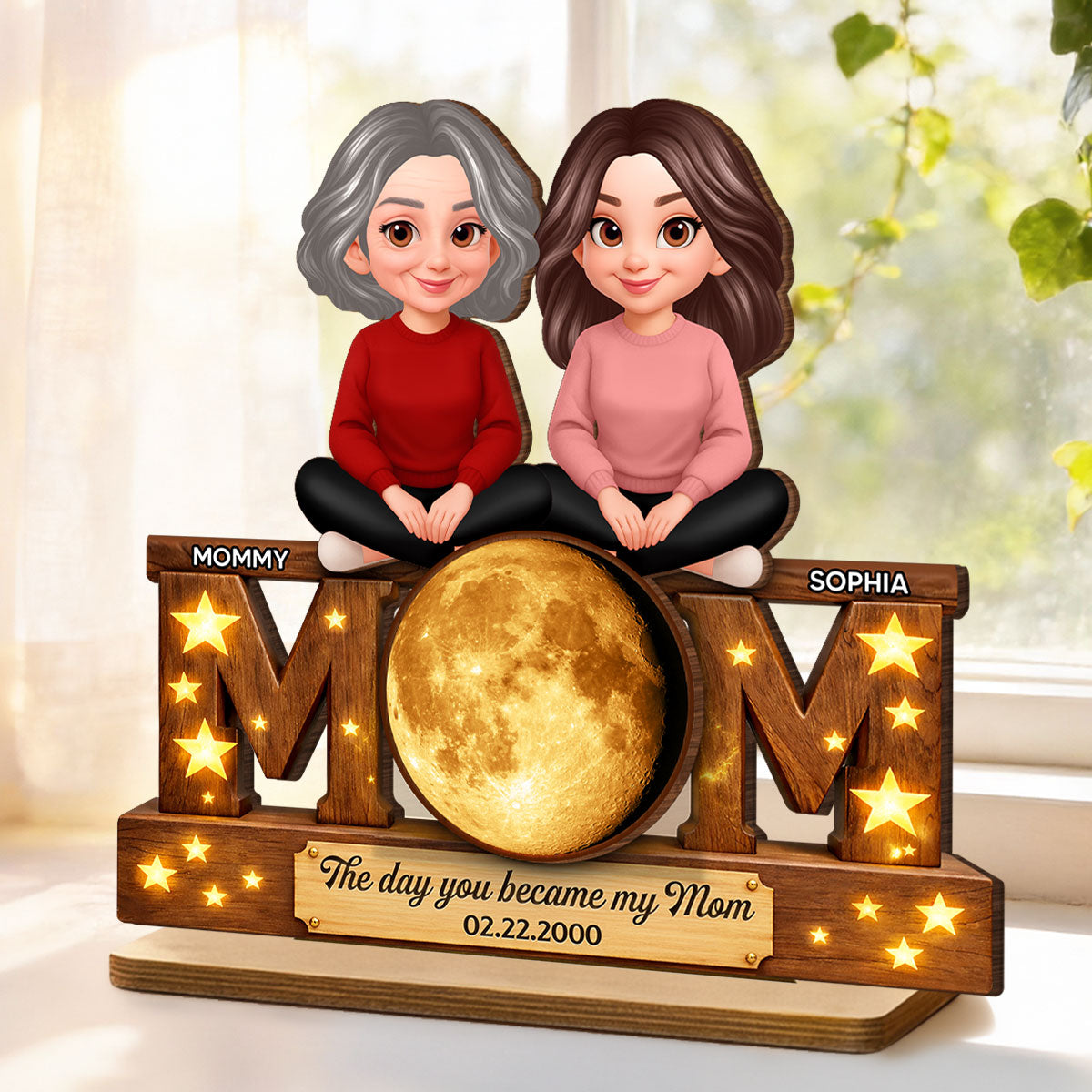 The Day You Became My Mom Custom Moon Phase - Personalized 2-Layered Wooden Plaque - Heartfelt Gift For Mom, Grandma