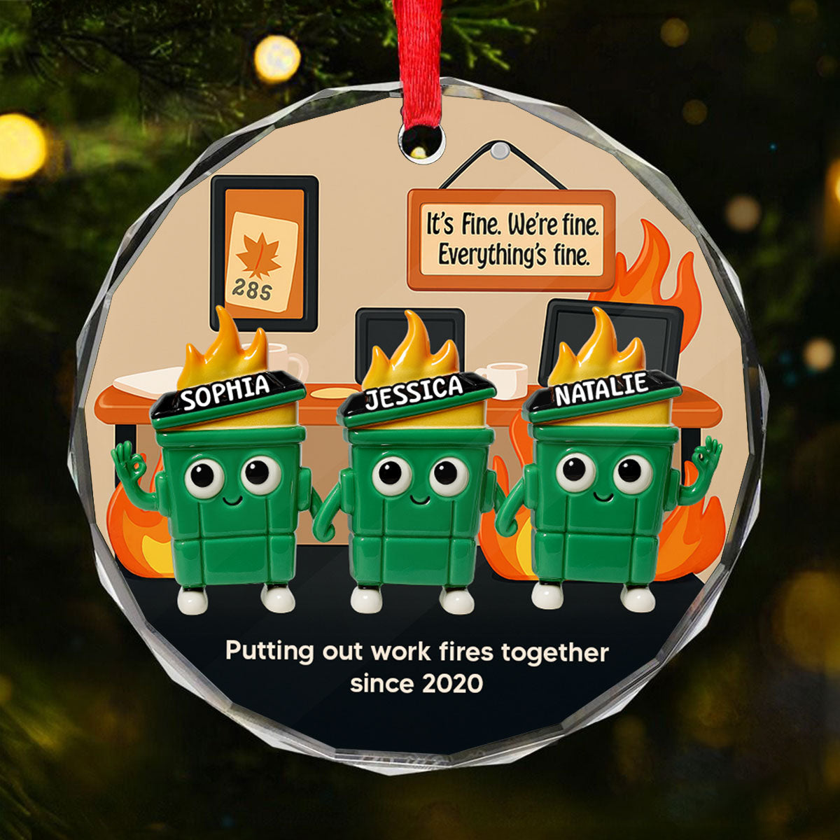 3D Effect Dumpster Fires In Office Scene - Personalized Glass Ornament - Funny Gift For Colleagues, Work Besties
