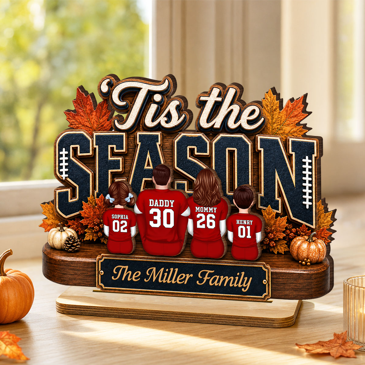 Tis the Football Season - Personalized 2-Layered Wooden Plaque - Family Fall Decor