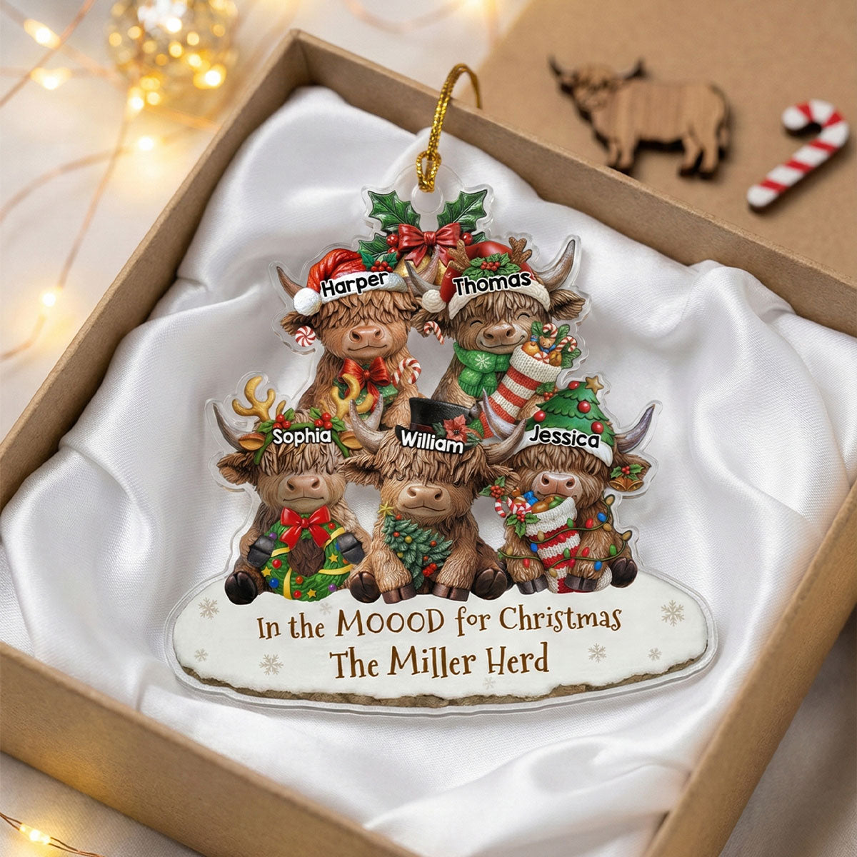 3D Effect Highland Cows Sitting Family Herd In The Moood For Christmas - Personalized Acrylic Ornament