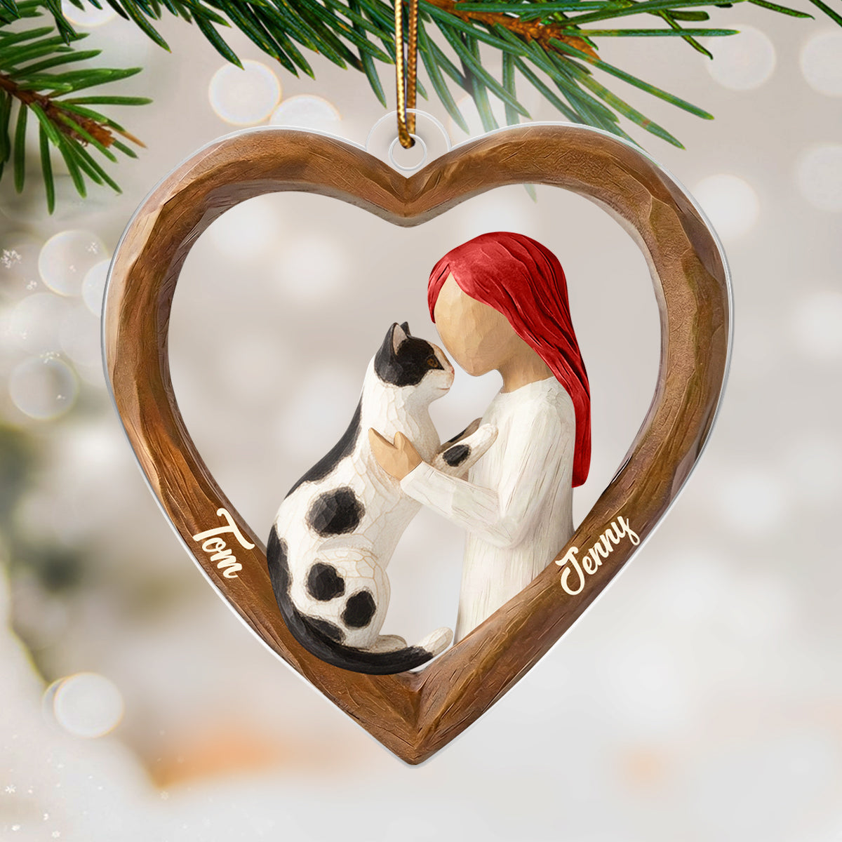A Girl and Her Cat 3D Wooden Effect - Personalized Acrylic Ornament – Custom Girl and Cat, Keepsake Christmas Gift for Cat Moms