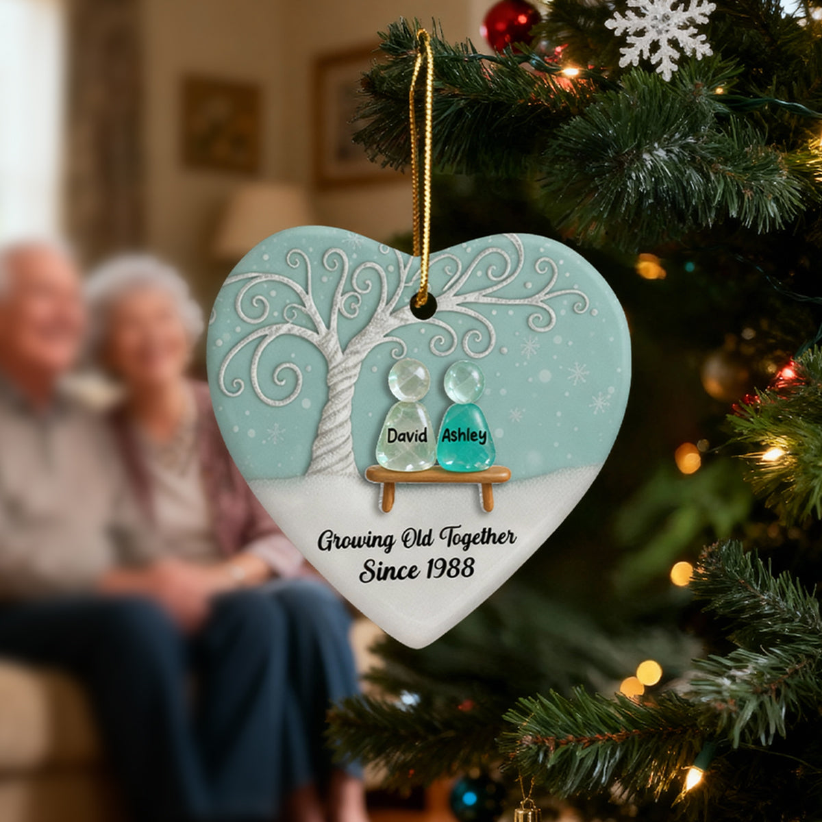 Growing Old Together Sea Glass Couple - Personalized Ceramic Ornament With Acrylic - Unique Gift for Couple, for Wife, for Husband