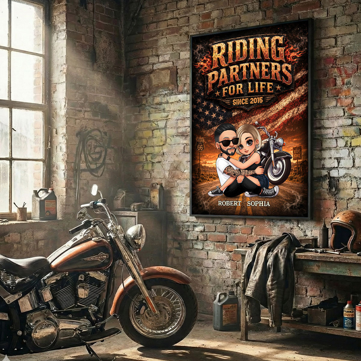 Bikers Couple Riding Partners for Life Nation Flag - Personalized Poster - Gift for Him, for Her