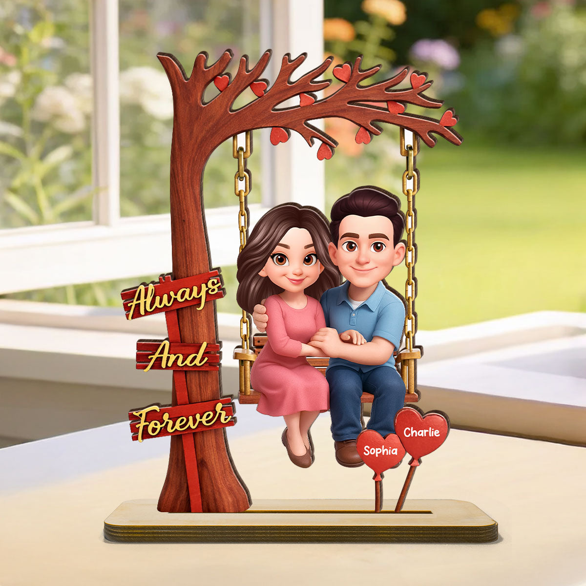 Always And Forever Couple On Swing - Personalized 2-Layered Wooden Plaque - Anniversary, Valentine's Day Gift, Gift For Him, Gift For Her