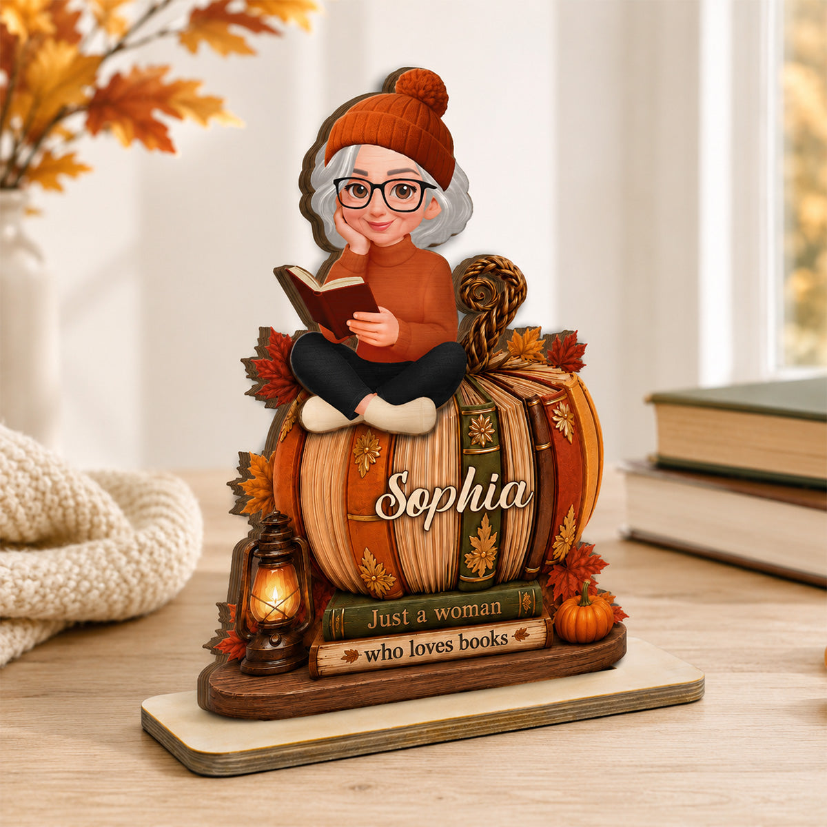 Girl Reading Book On Fall Book Pumpkin 2D Flat - Personalized 2-Layered Wooden Plaque - Fall Season Decor For Book Lover