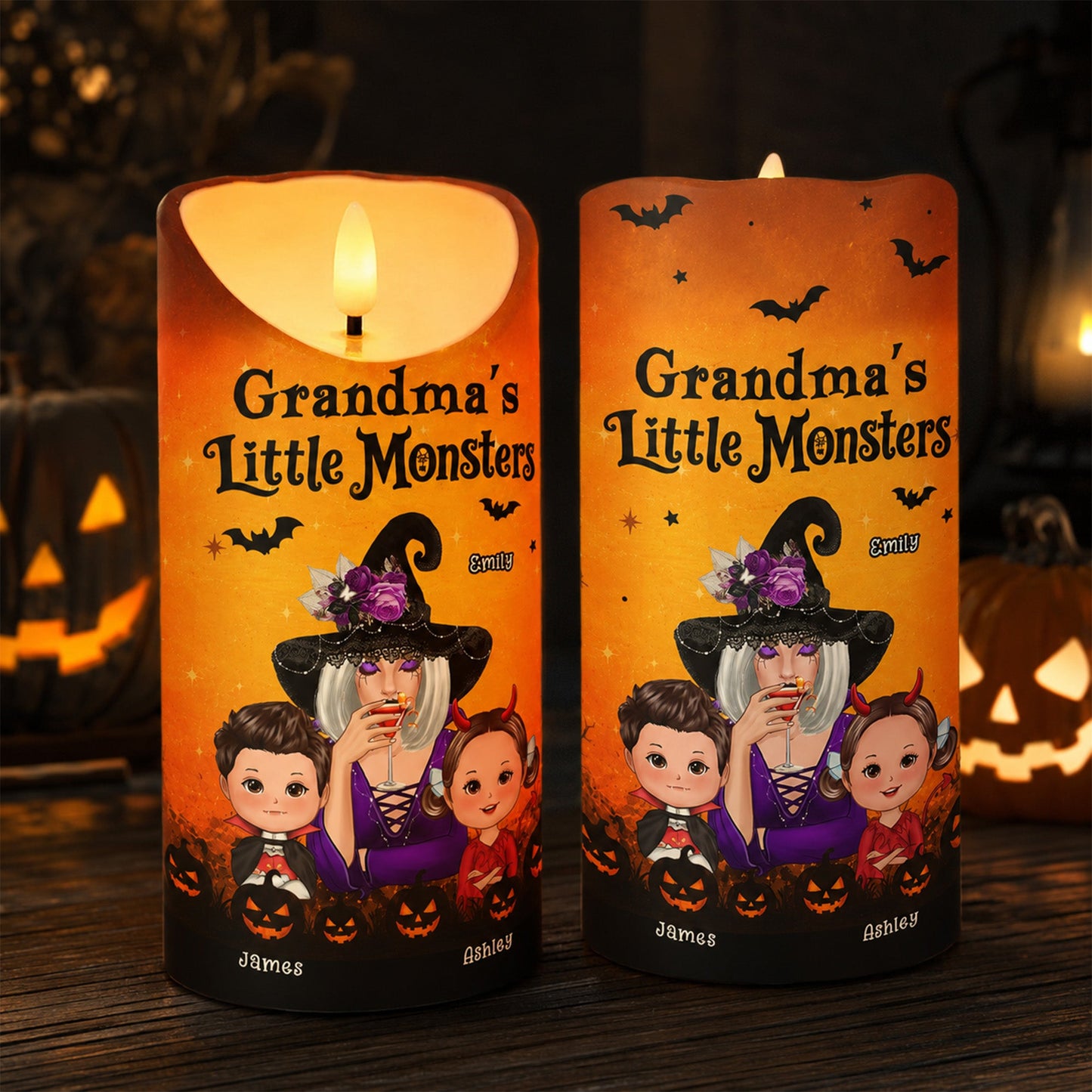 Grandma's Boo Crew Grandma Witch & Kids - Personalized LED Candle - Perfect Halloween Decor for Grandma