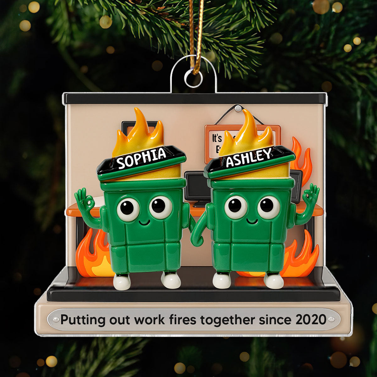 3D Effect Dumpster Fires In Office Scene - Personalized Ornament - Funny Gift For Colleagues, Work Besties