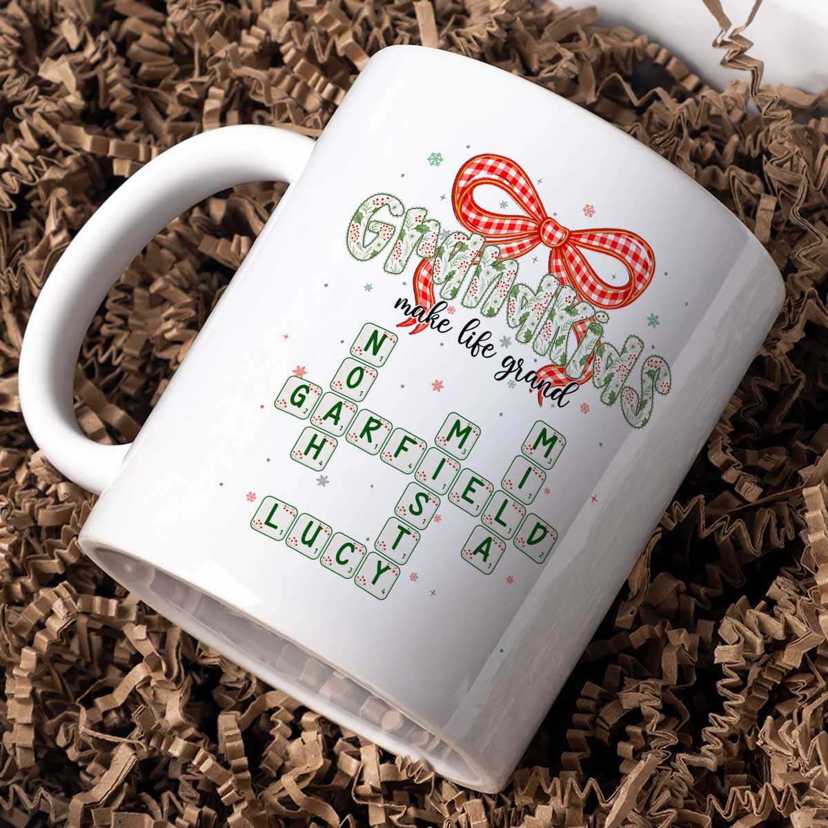 Grandkids Make Life Grand Coquette Floral Christmas Pattern Crossword Puzzle Art - Personalized Mug