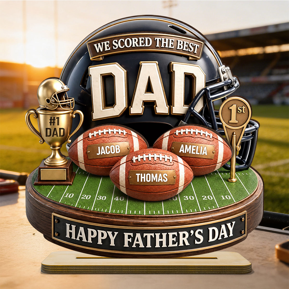 We Scored The Best Dad American Football Trophy - Personalized 2-Layered Wooden Plaque - Heartfelt Gift For Football Dad, Gift For Husband