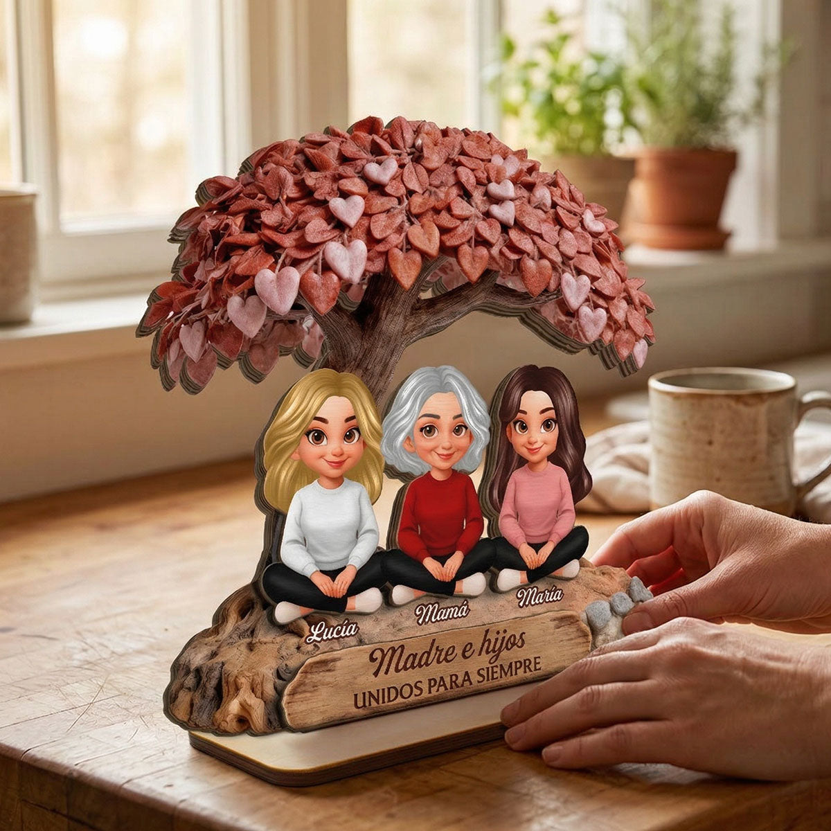 Mamá y Hija Hijo Bajo el Árbol del Corazón - Placa de Madera Personalizada de 2 Capas - Regalo para Mamá