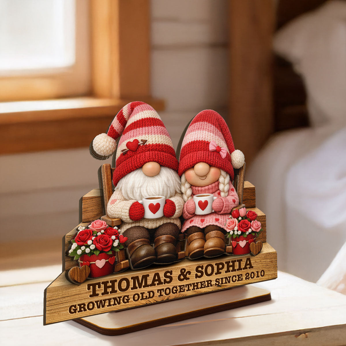 Everlasting Love Valentine Gnome Couple - Personalized 2-Layered Wooden Plaque - Valentine's Day Gift For Couple