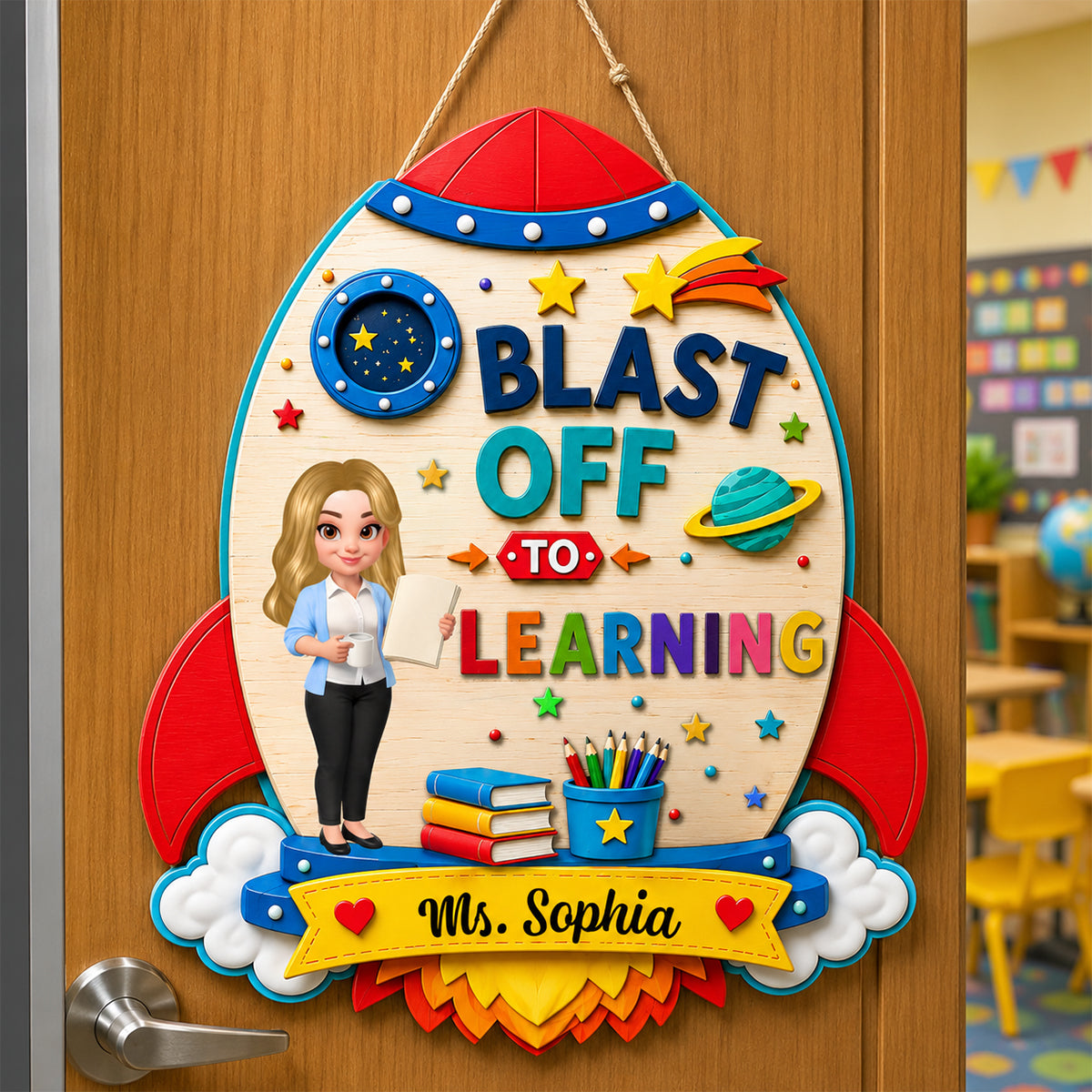 Blast Off To Learning Teacher - Personalized Wood Sign - Back To School Gift For Teacher, Classroom Decor