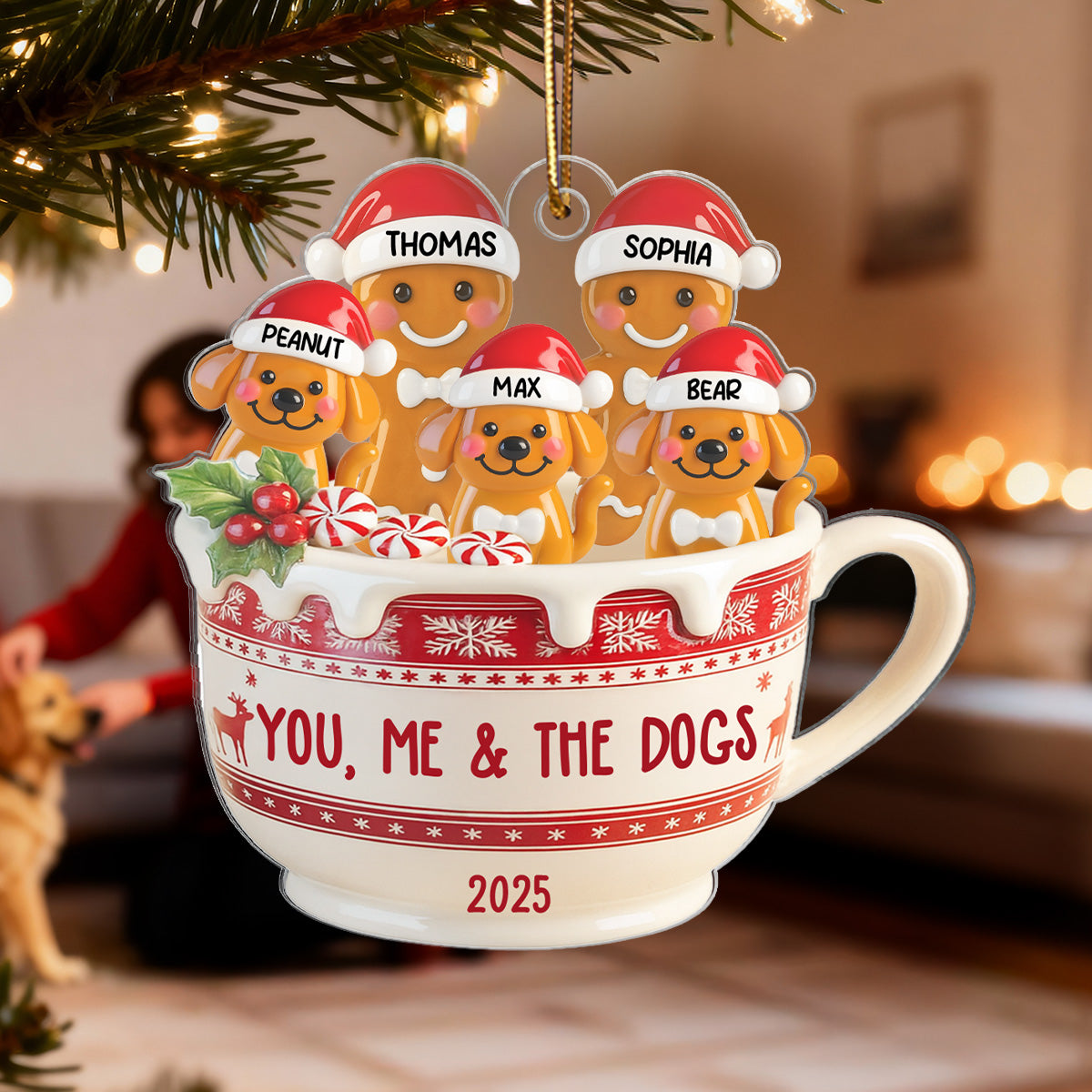 3D Effect Gingerbread Couple & Dog Cat In Hot Cocoa - Personalized Acrylic Ornament