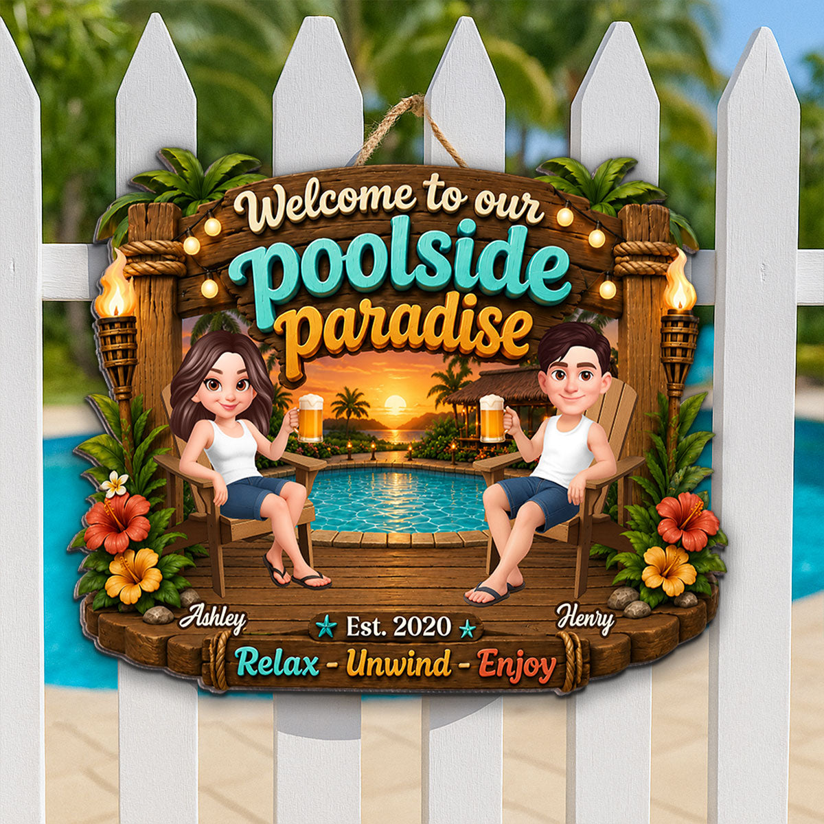 Welcome To Our Poolside Paradise Summer - Personalized Wood Sign - Gift For Couple, Summer Decoration