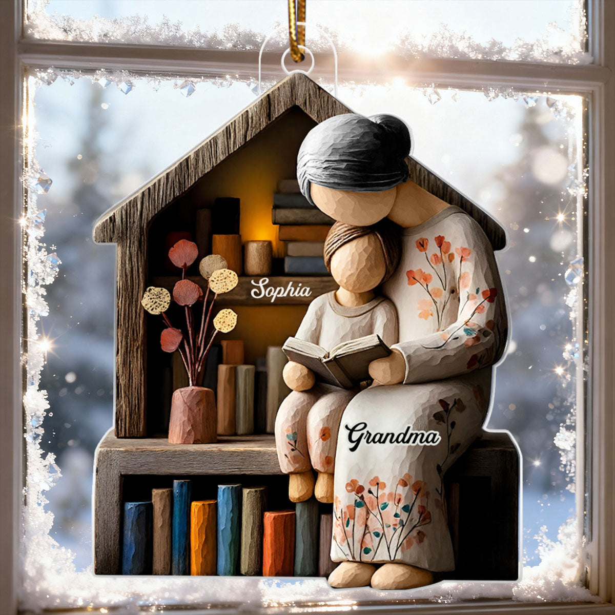 3D Effect Wooden Grandma Grandkid Reading Book - Personalized Acrylic Ornament - Heartwarming Christmas Gift For Grandma, For Family
