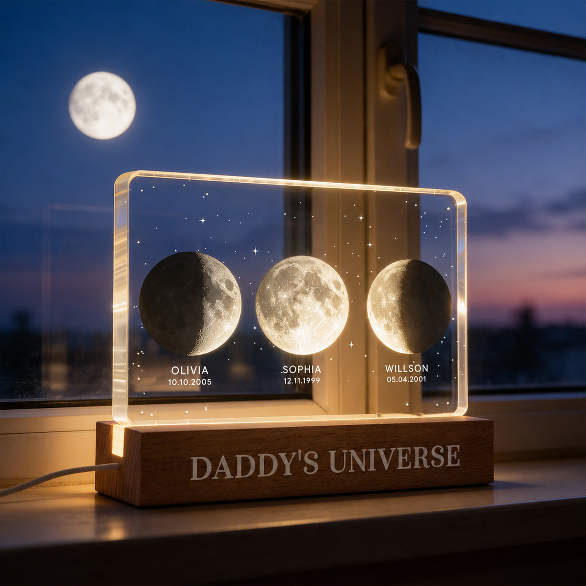 Daddy's Universe Custom Moon Phase by Date - Personalized Acrylic Block LED Night Light - Father's Day Gift for Dad, Husband