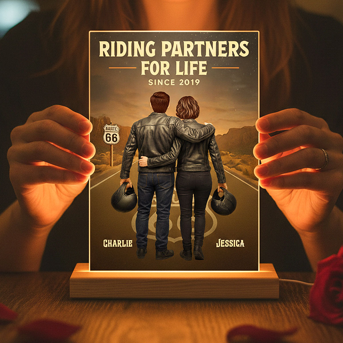 Eternal Love Back View Biker Couple Riding Partners For Life - Personalized Acrylic Plaque LED Night Light - Gift For Couple, Bikers, Gift For Him, For Her
