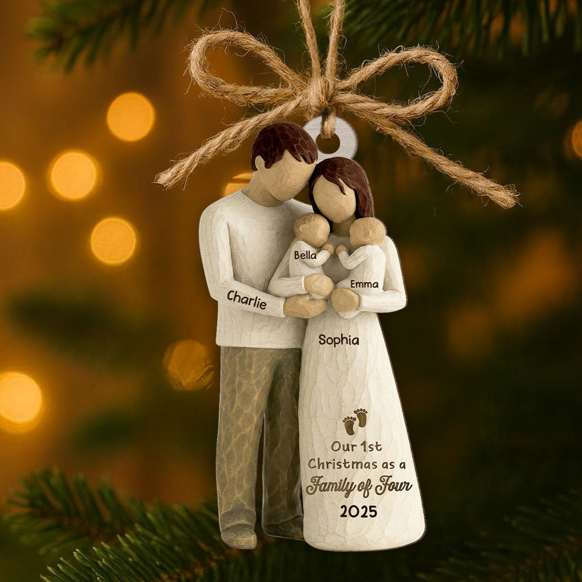 3D Effect First Christmas As Family Of Four Mom Dad & Twin Babies - Personalized Wooden Ornament