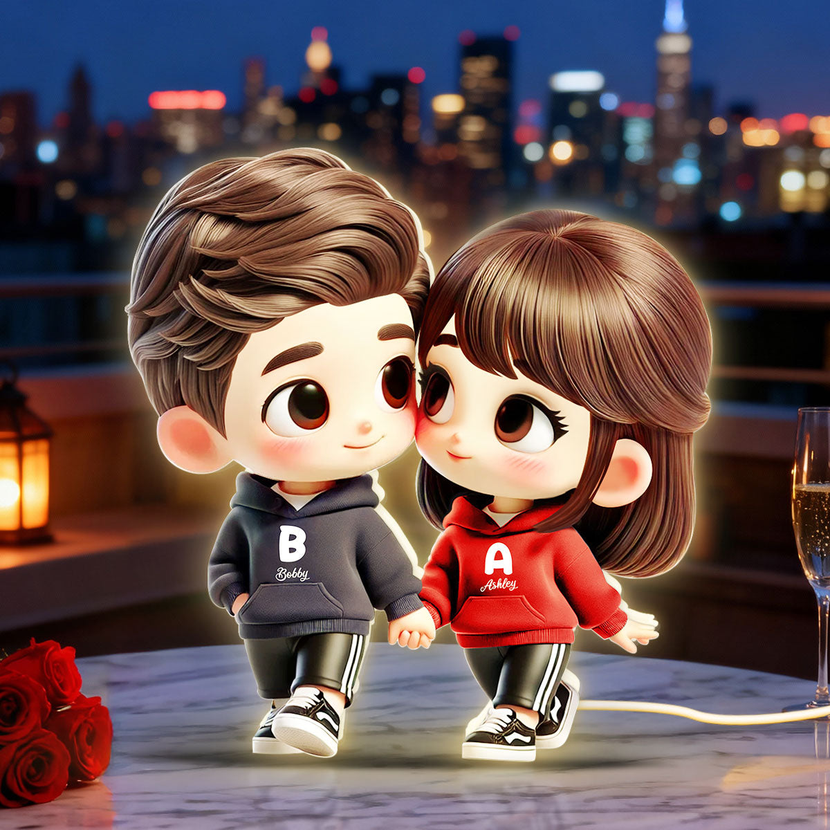 3D Effect Cute Cartoon Couple Holding Hands - Personalized Light Box - Gift for Him, Gift for Her