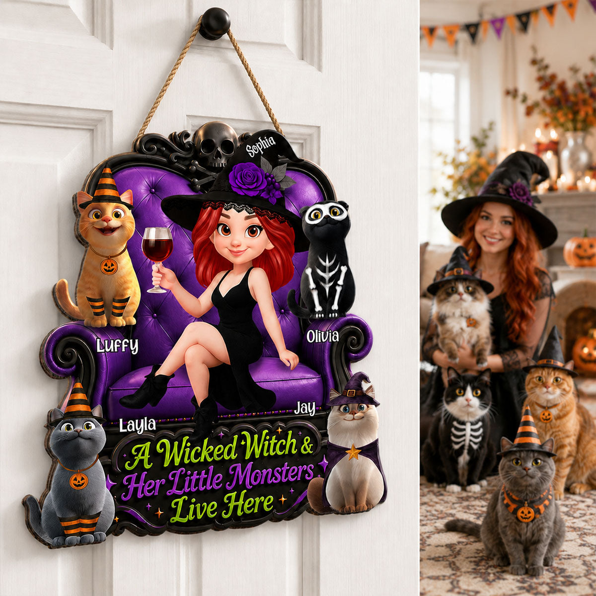 A Wicked Witch and Her Little Monsters Live Here - Personalized Wooden Door Sign - Halloween Decor for Cat Moms