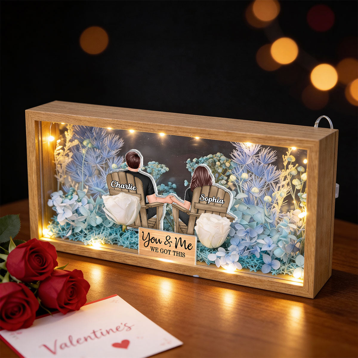 Eternal Love Back View Couple Sitting - Personalized DIY Flower Shadow Box LED Night Light - Gift For Couple, For Him, For Her