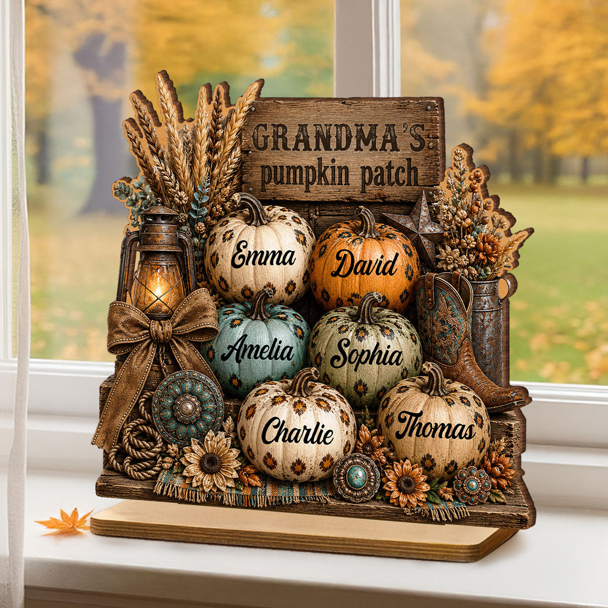 Western Leopard Grandma's Pumpkin Patch - Personalized 2-Layered Wooden Plaque - Fall Halloween Decor for Grandma