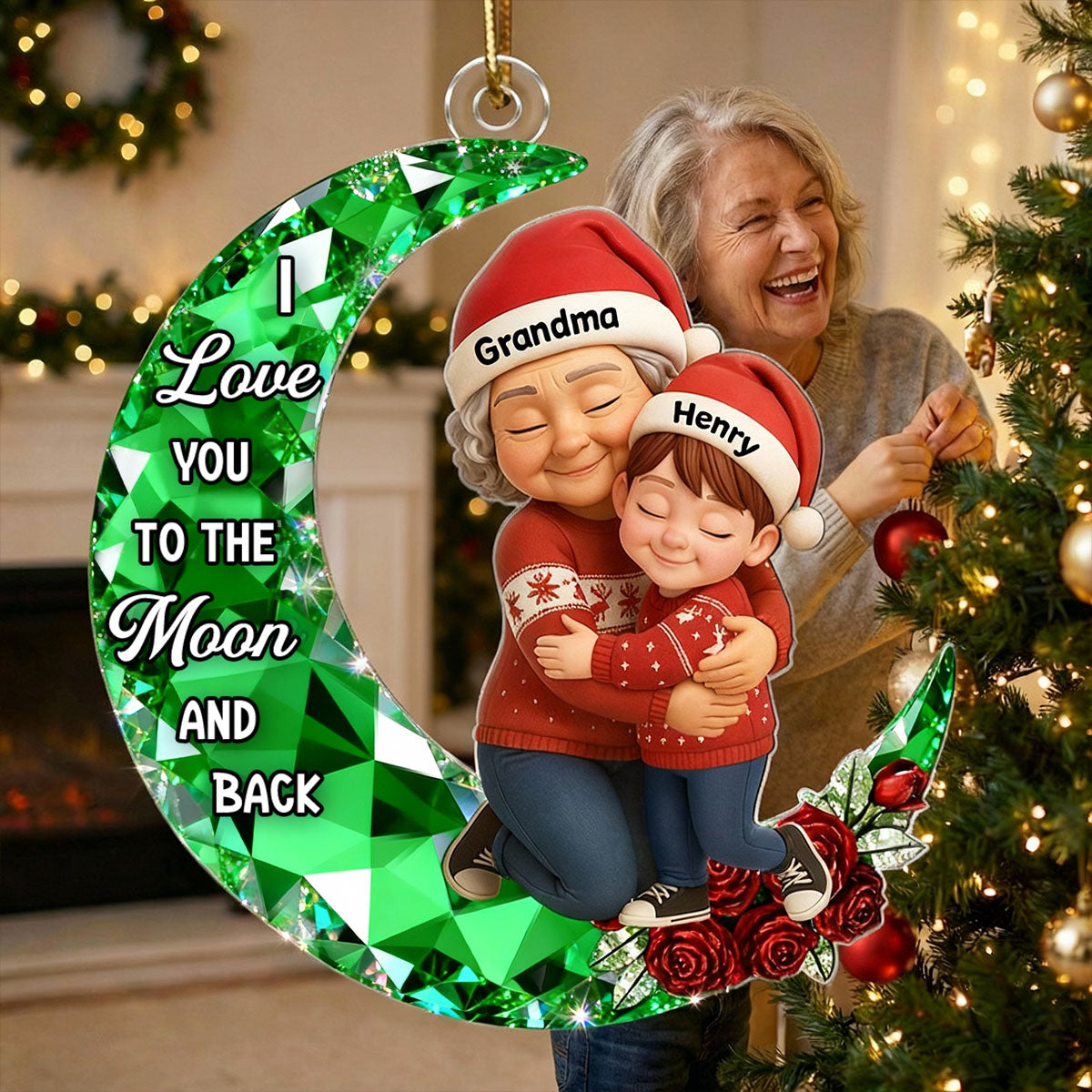 3D Crystal Effect Grandma Grandkid Love to the Moon - Personalized Acrylic Ornament - Christmas Gift for Grandma, Grandkids