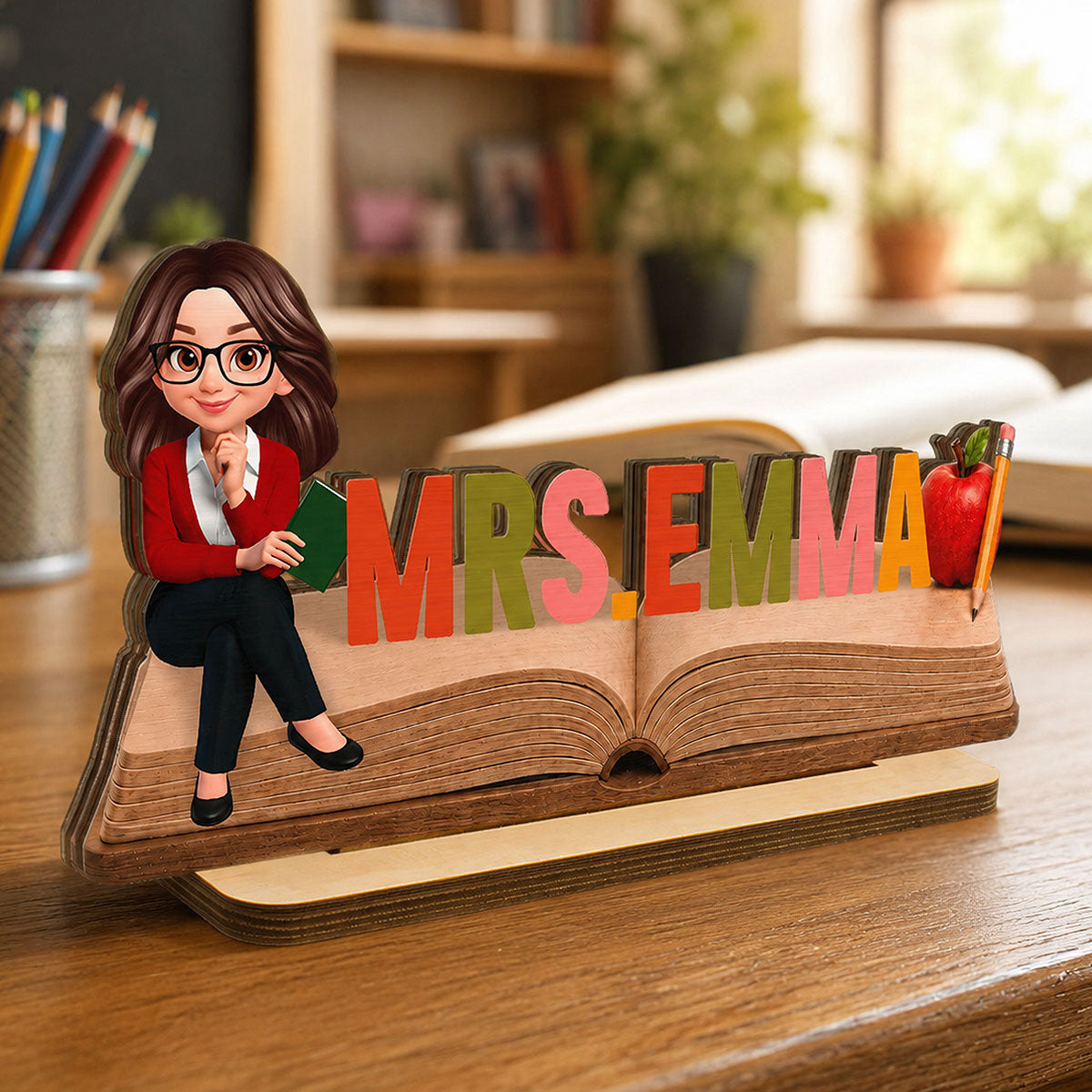 Open Book Teacher Name Sign - Personalized Wooden Plaque - Back To School Gift