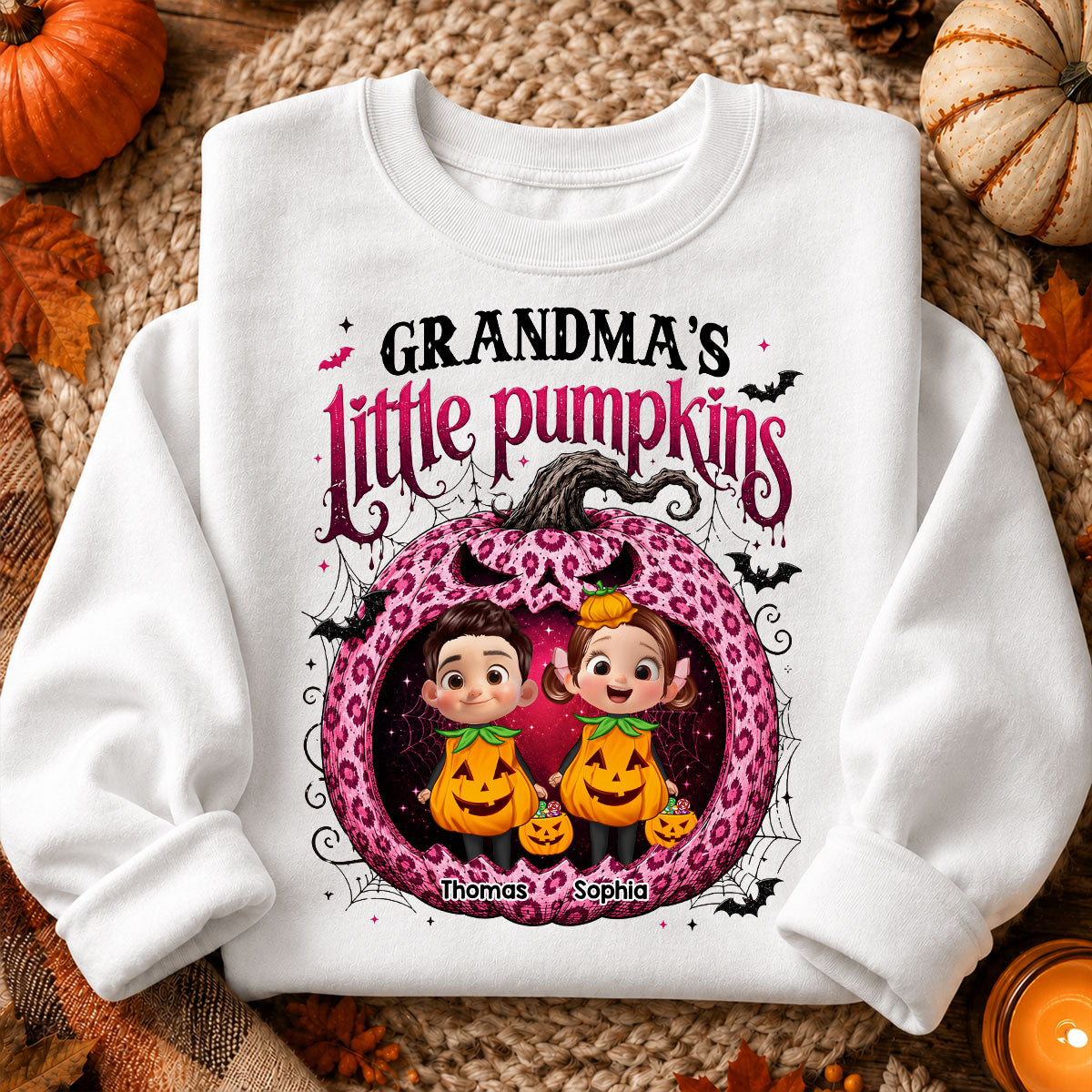 Grandma's Little Pumpkins Jack O Lantern - Personalized Shirt - Trendy Halloween Tee for Grandma