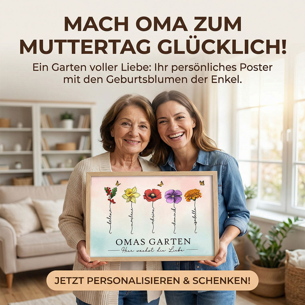 Omas Garten mit Geburtsblumen – Personalisiertes Poster – Muttertagsgeschenk für Oma