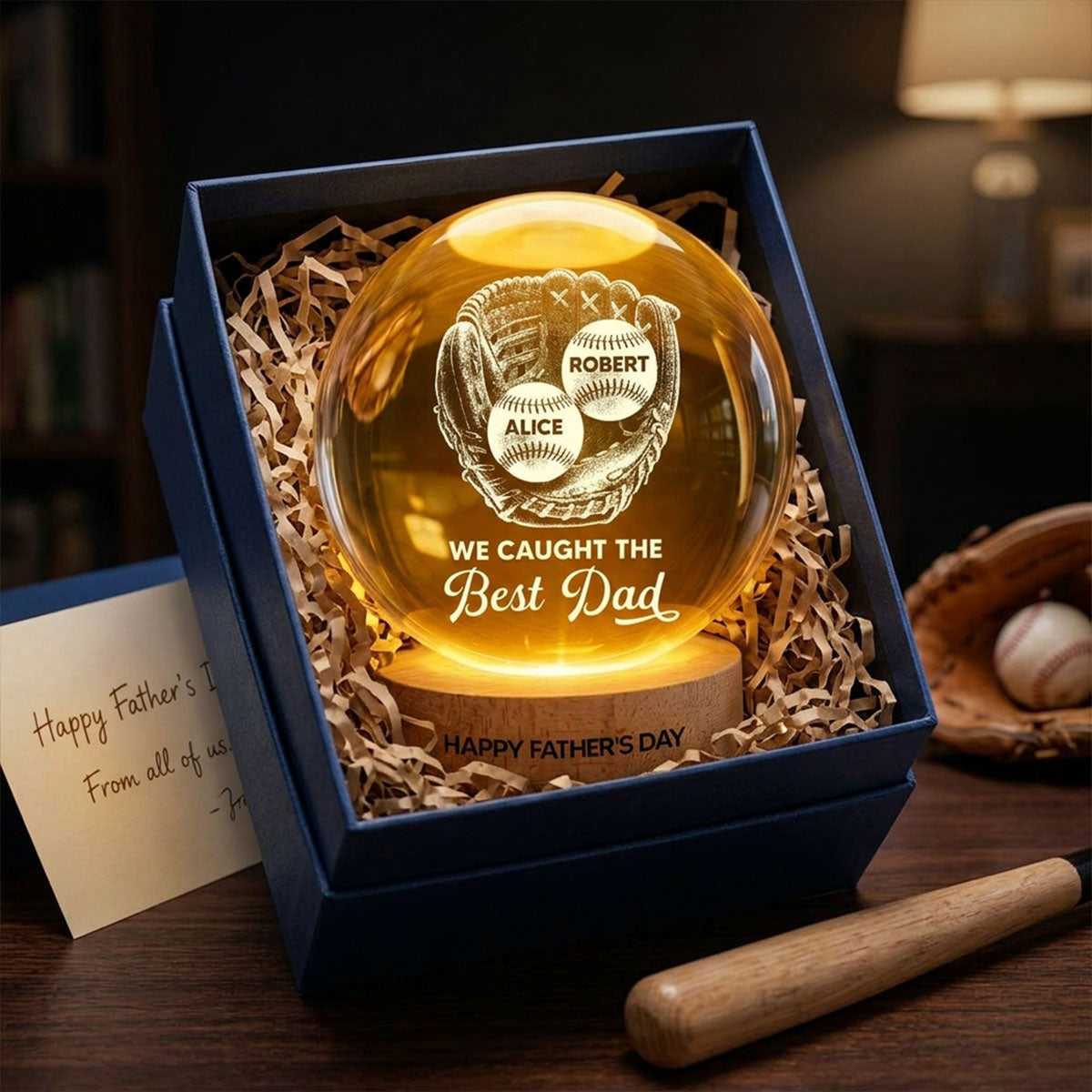 Baseball In Baseball Glove We Caught The Best Dad - Personalized Crystal Ball LED Night Light -  Gift For Baseball Dad