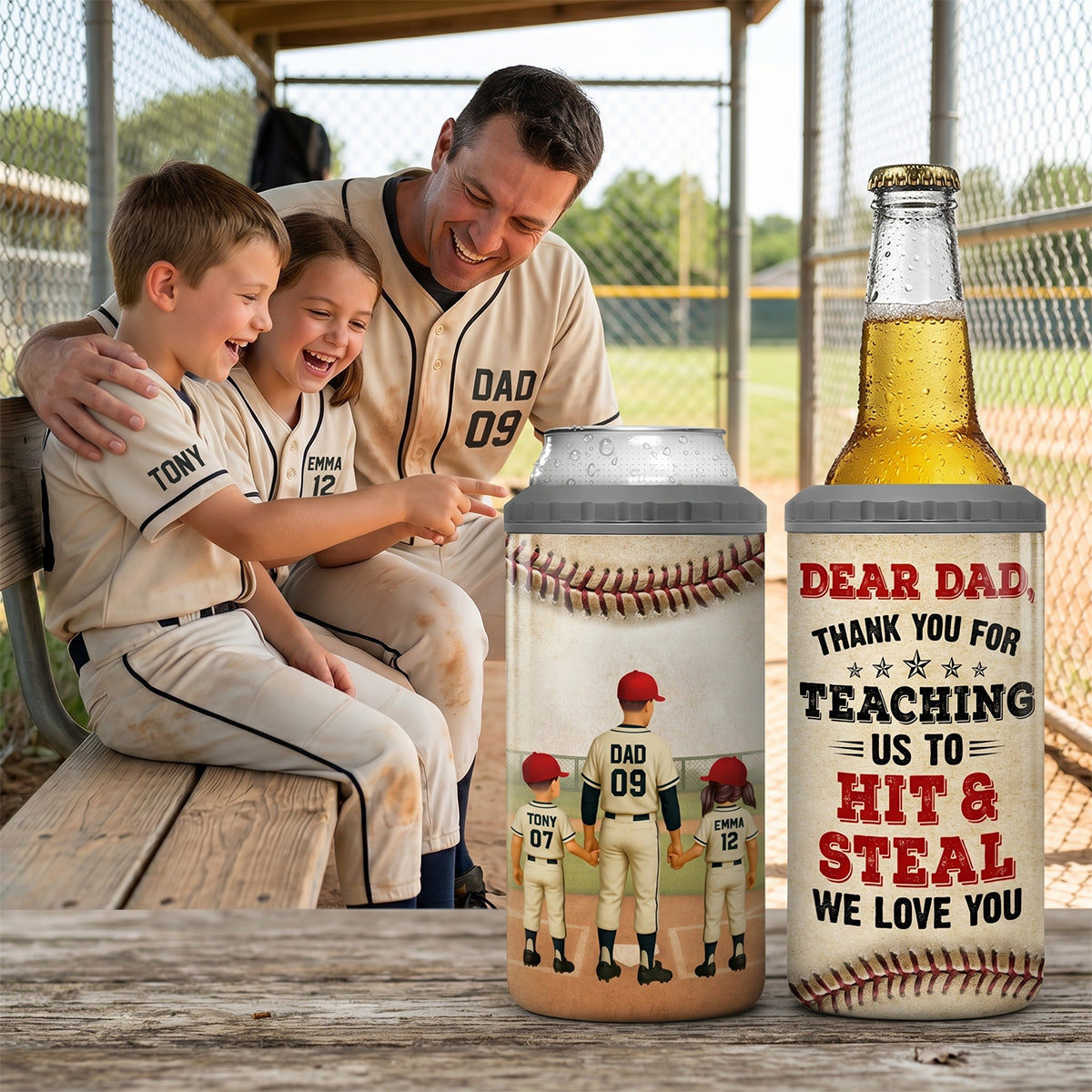 Thank You For Teaching Us To Hit & Steal Baseball Dad & Kids - Personalized Can Cooler - Father's Day Gift For Dad, Husband