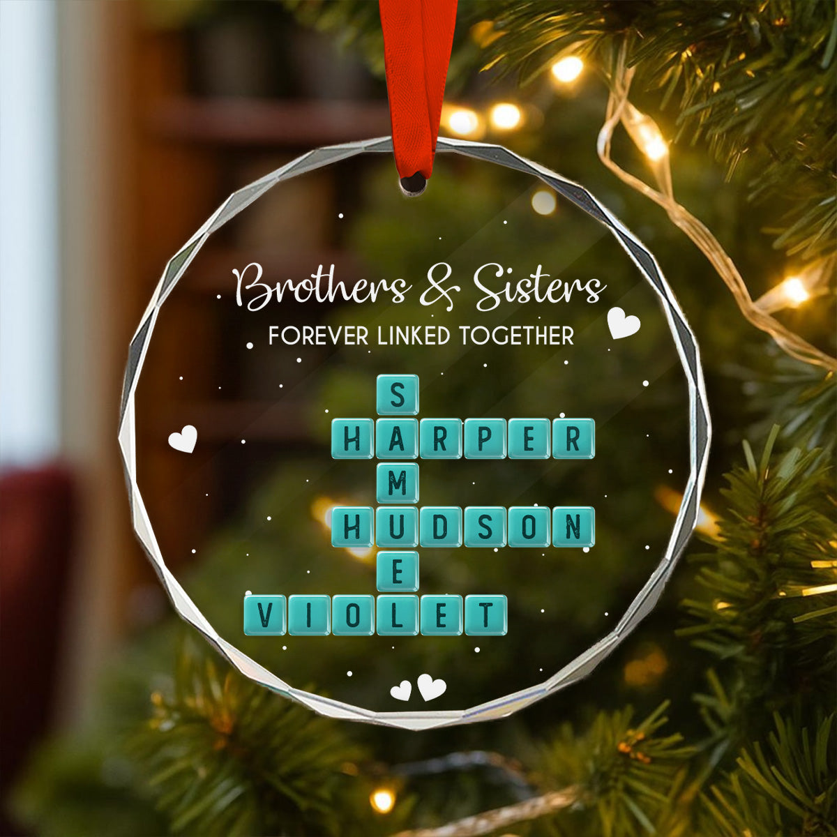 Brothers Sisters Siblings Forever Linked Together Crossword Puzzle Art Personalized Glass Ornament