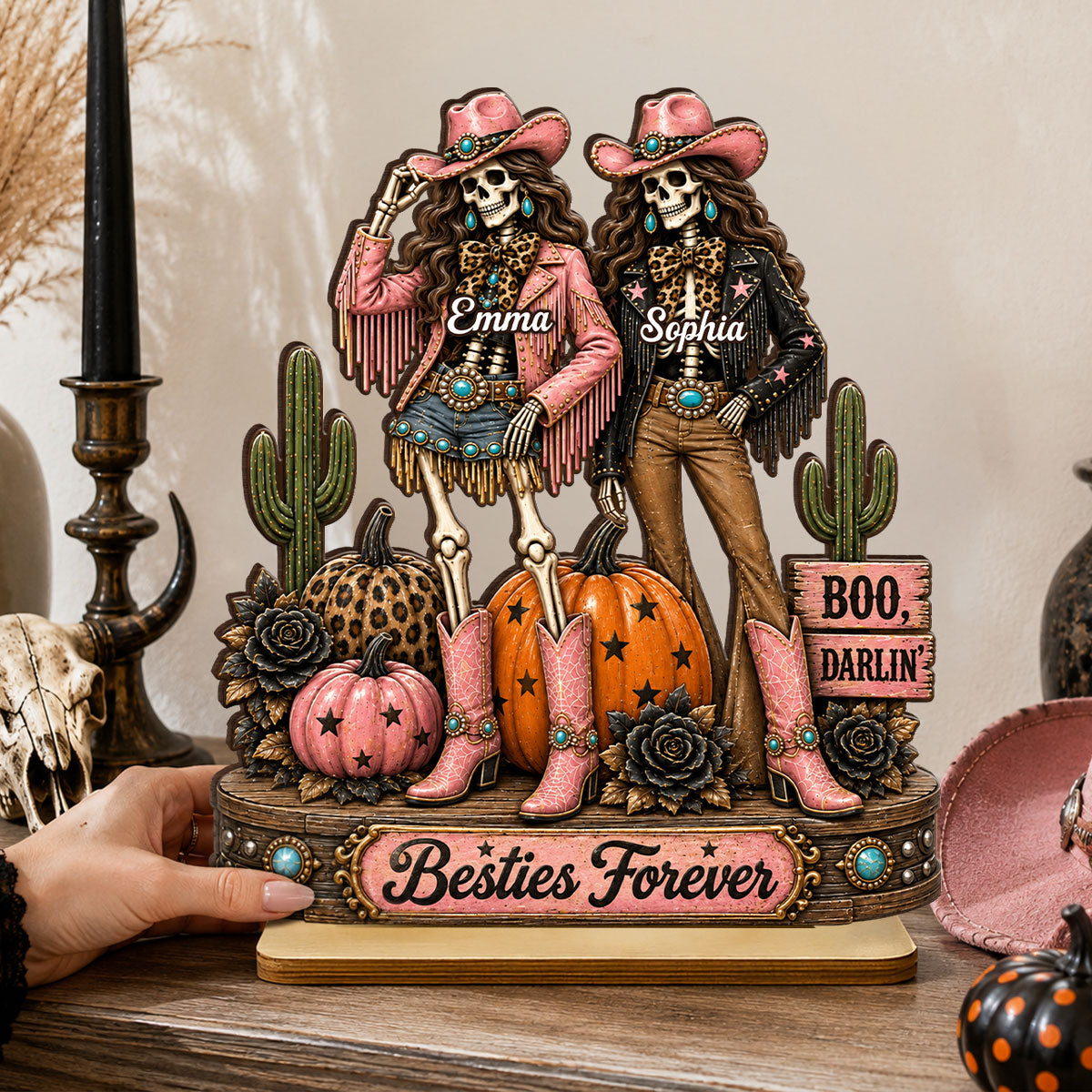 Western Halloween Skeleton Cowgirls - Personalized 2-Layered Wooden Plaque - Halloween Decor Gift, Gift For Besties