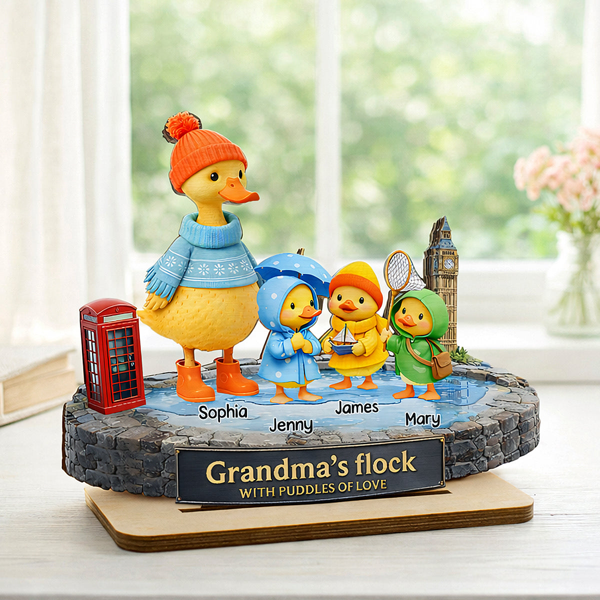 Nanny's Flock with Puddles of Love - Personalised 2-Layered Wooden Plaque - Heartfelt Mother's Day Gift for Nanny, Grandmother, Grandma