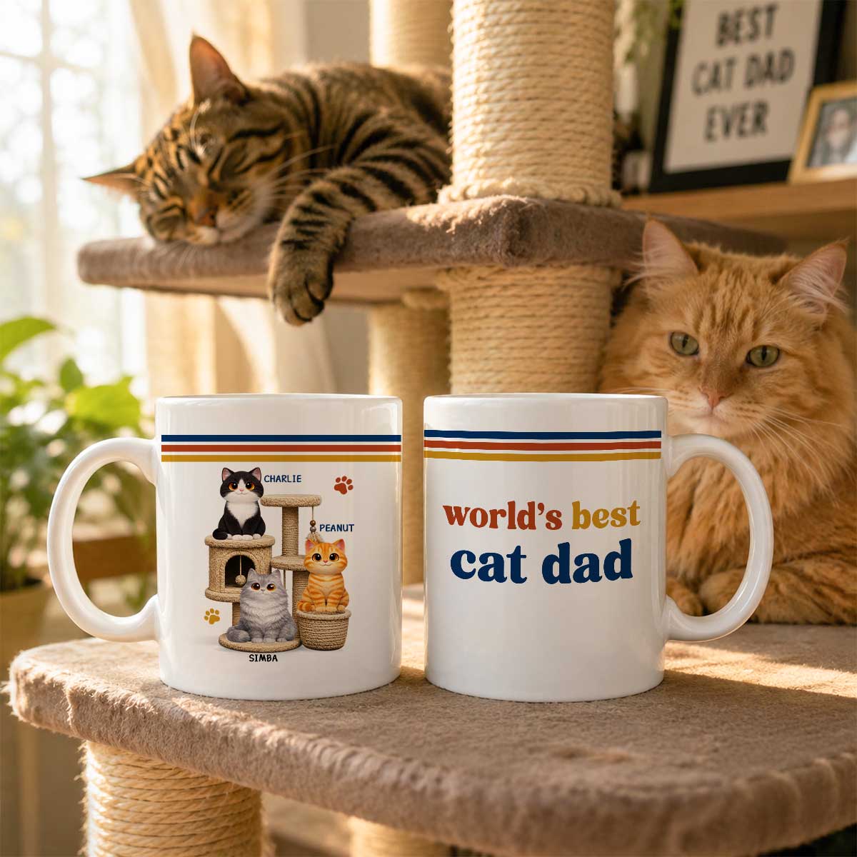 World's Best Cat Dad Retro 70s Style Cat Tree - Personalized Mug - Father's Day Gift For Cat Dad