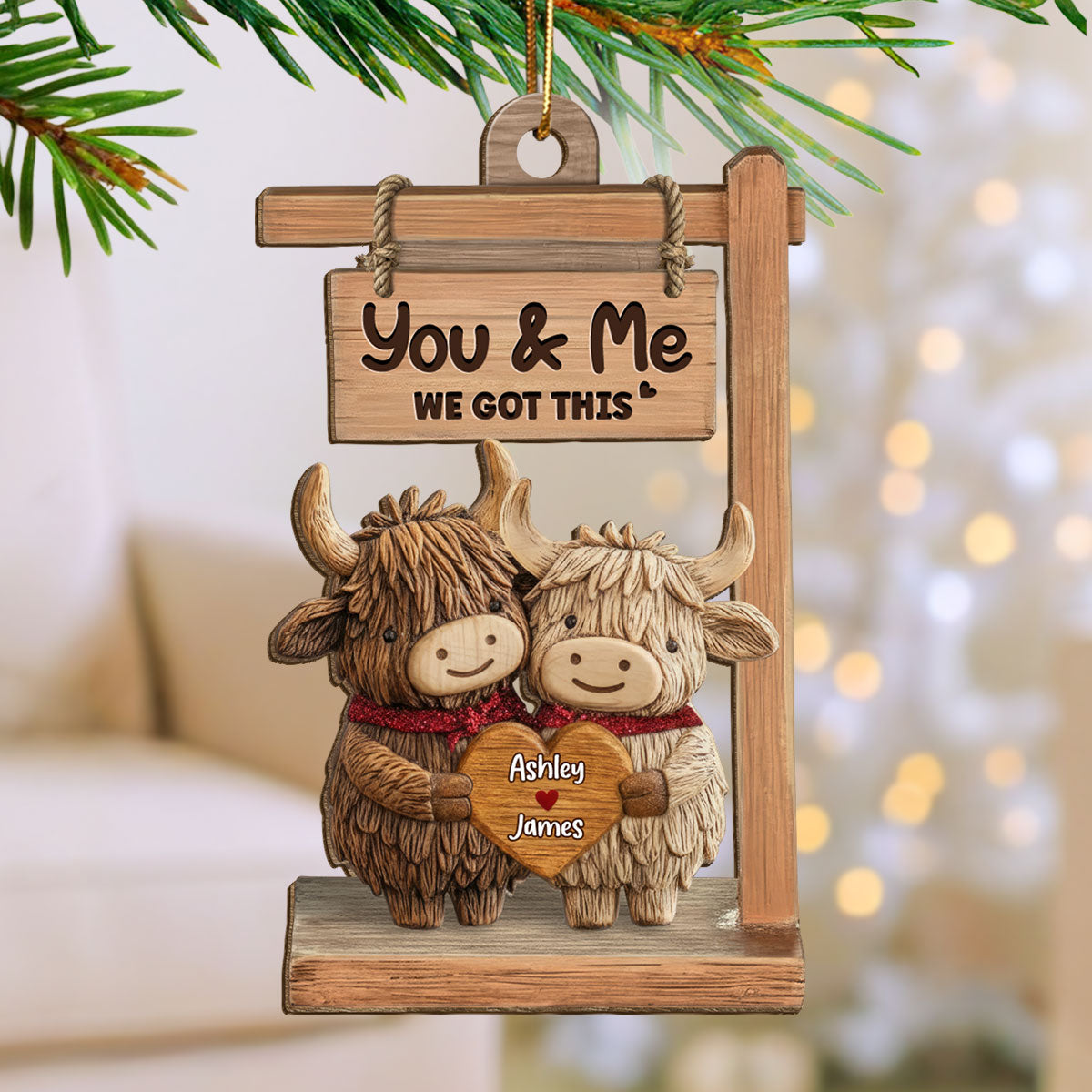 3D Effect Highland Cows Couple - Personalized Wooden Ornament - Gift For Him, Gift For Her