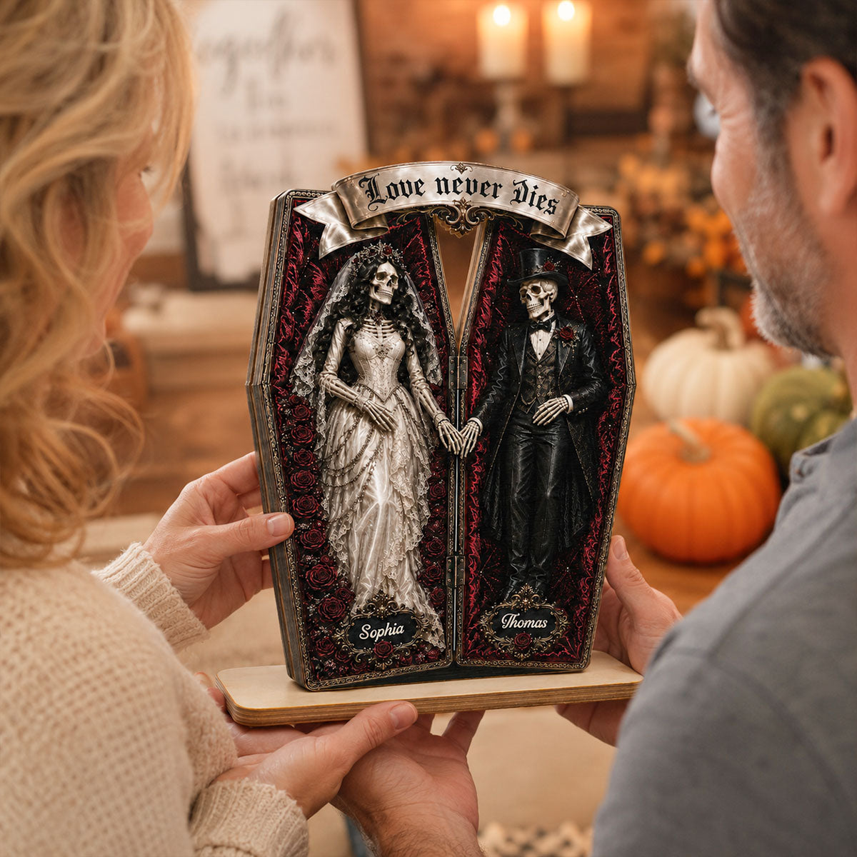 Skeleton Couple In Coffin 2D Flat - Personalized Wooden Plaque - Halloween Decoration