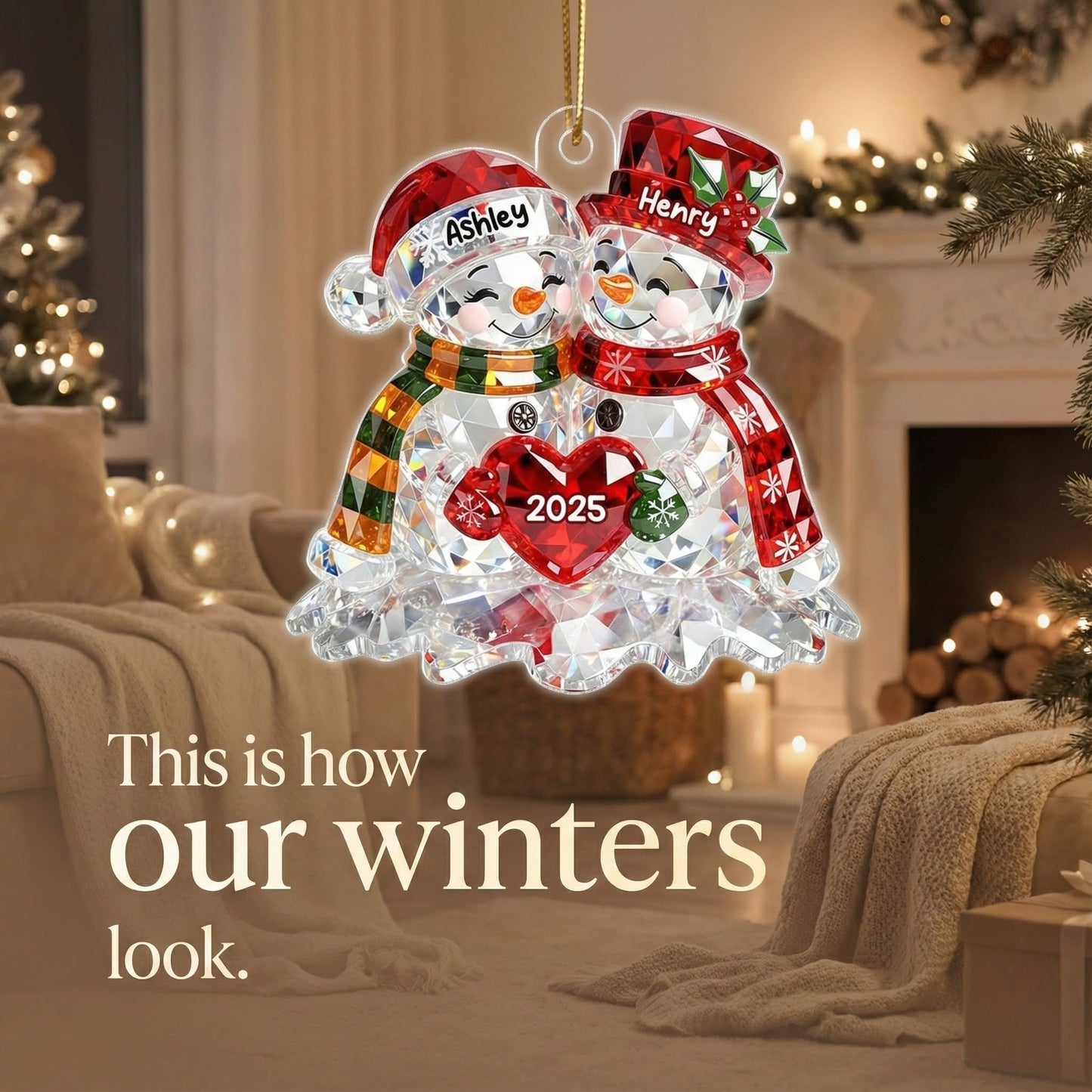 Snowman Couple 3D Crystal Effect - Personalized Acrylic Ornament - Christmas Gift for Couple