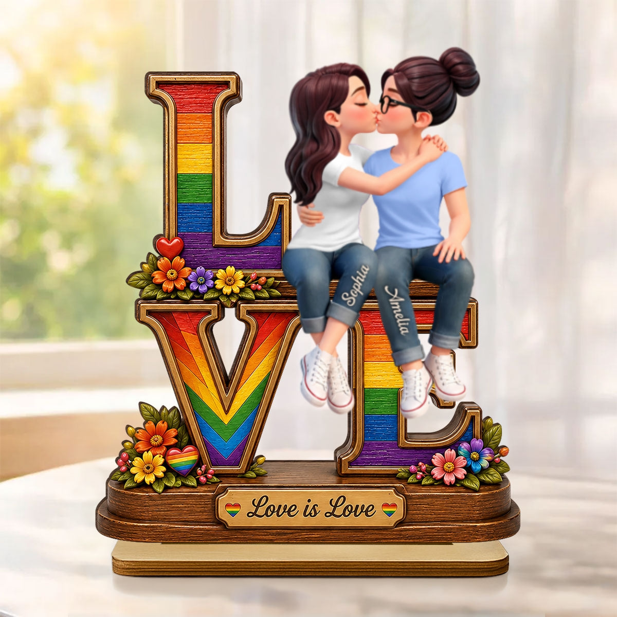 Love Is Love LGBT+ Couple Rose - Personalized 2-Layered Wooden Plaque - Gift For Couple, Happy Pride Month