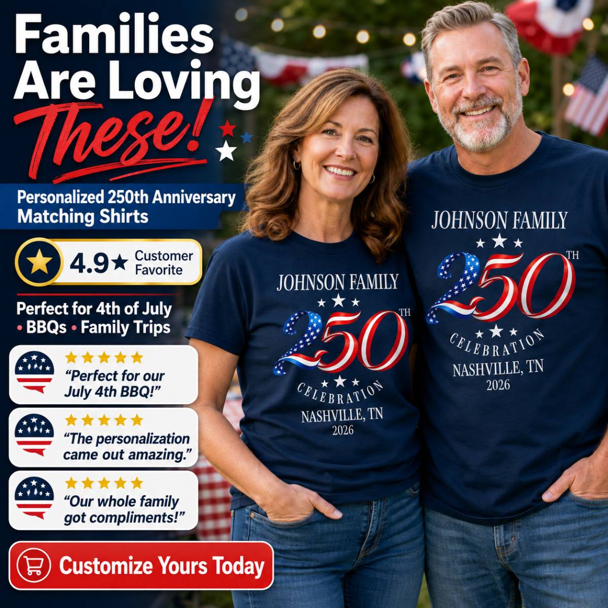 Custom Family American 250th Anniversary 4th of July - Personalized Shirt - Family Matching Patriotic Crew Shirt